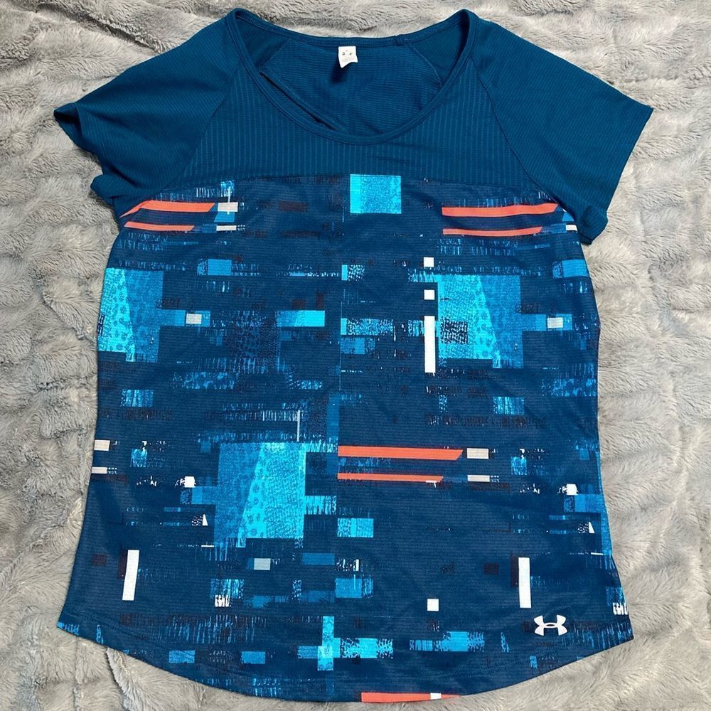 Under Armour Heat Gear Shirt XS Unisex Blue Graphic Design Short Sleeve EUC